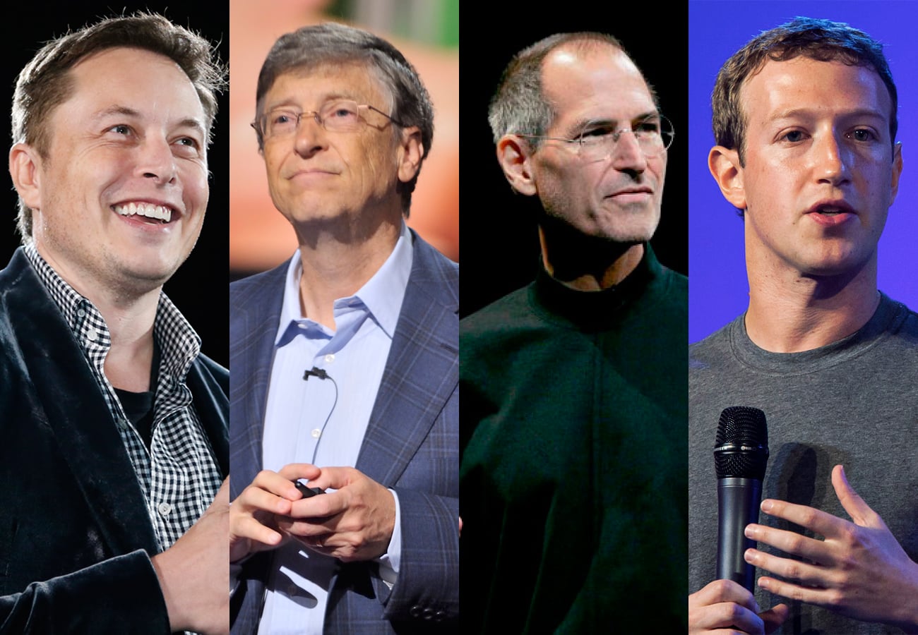 Capa da matéria Elon Musk, Bill Gates, Steve Jobs e Mark Zuckerberg: infográficos mostram como eles chegaram lá!
