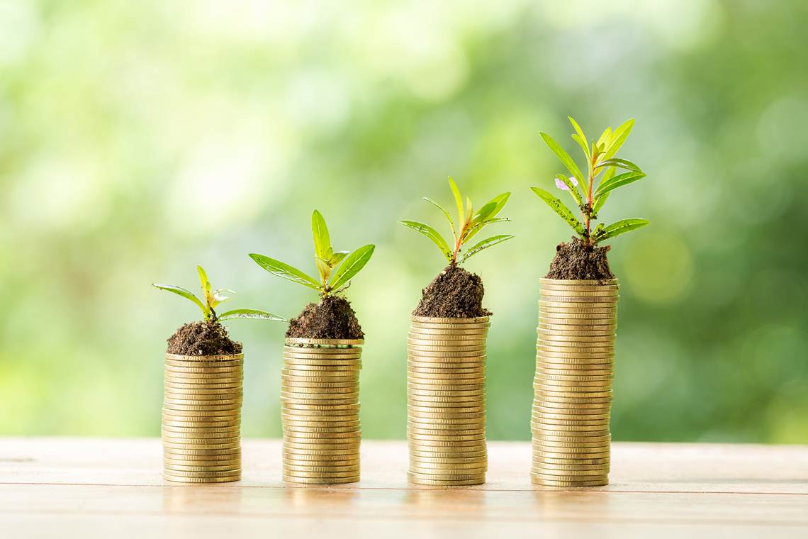 Coin on wooden table in front of green bokeh background. economia verde